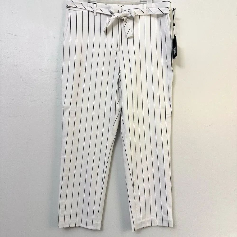 NWT DKNY The Essex Ankle Pants Belted Slim Leg Pinstripes Black White 12